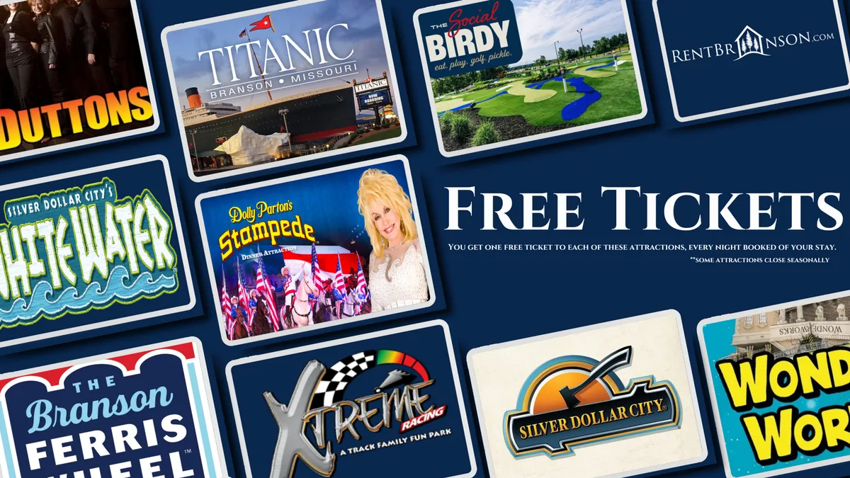 A vibrant and colorful interior scene featuring visual references to Branson’s top attractions such as Silver Dollar City, Dolly Parton's Stampede, the Titanic Museum, and the Branson Ferris Wheel. 'Free Tickets' is highlighted, conveying the exciting ticket perks included with the stay. The mood is lively, filled with anticipation for memorable outings and fun family adventures.